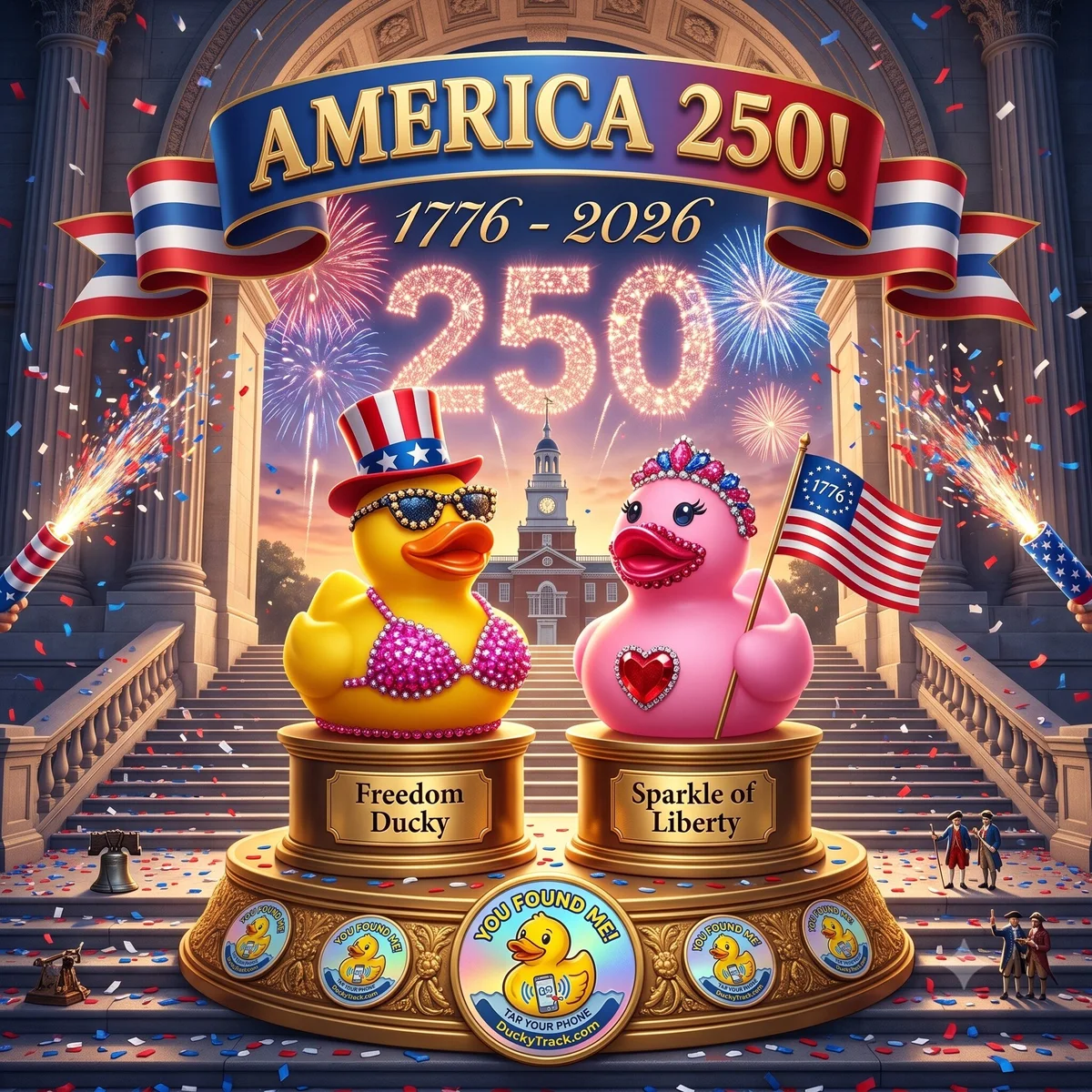 Freedom Ducky and Sparkle of Liberty — two decorated rubber ducks on gold pedestals under an America 250 banner with fireworks over Independence Hall