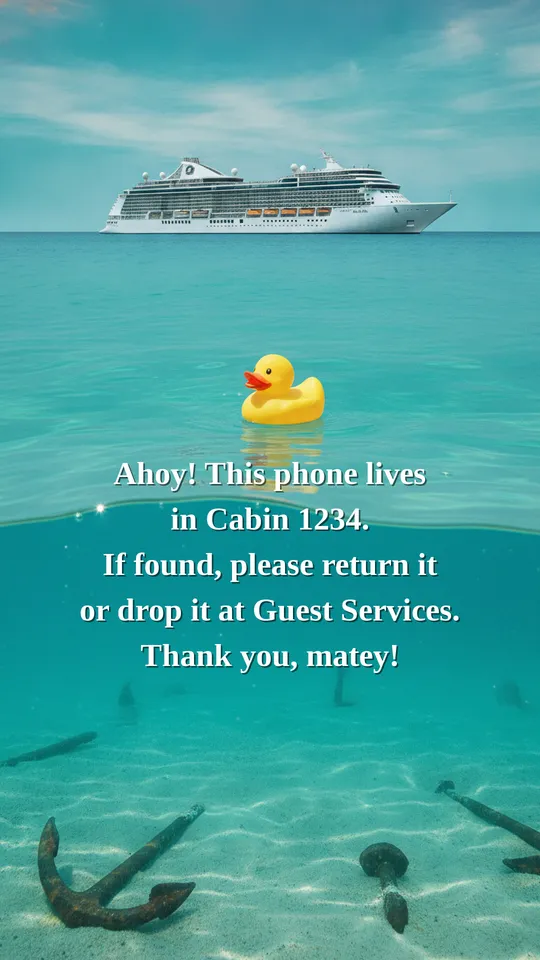 Cruise duck lock screen: rubber duck floating near a cruise ship with the message 'Ahoy! This phone lives in Cabin 1234'