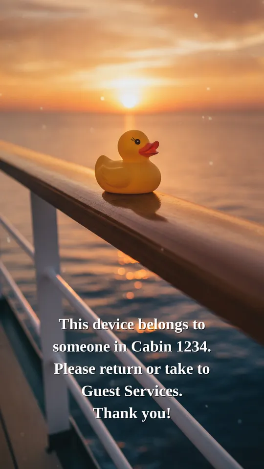 Cruise duck lock screen: rubber duck on a ship railing at sunset with a cabin-number return message