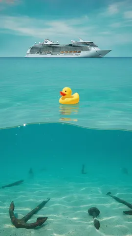 Preview: rubber duck floating on the ocean with a cruise ship on the horizon and sunken anchors below