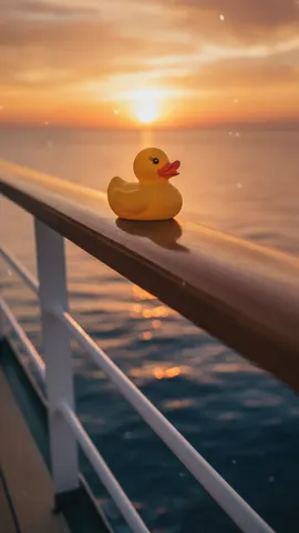 Preview: rubber duck perched on a cruise ship railing at golden-hour sunset
