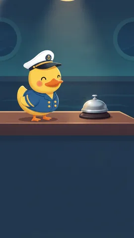 Preview: rubber duck in a captain uniform beside a Guest Services desk bell — no cabin number shown