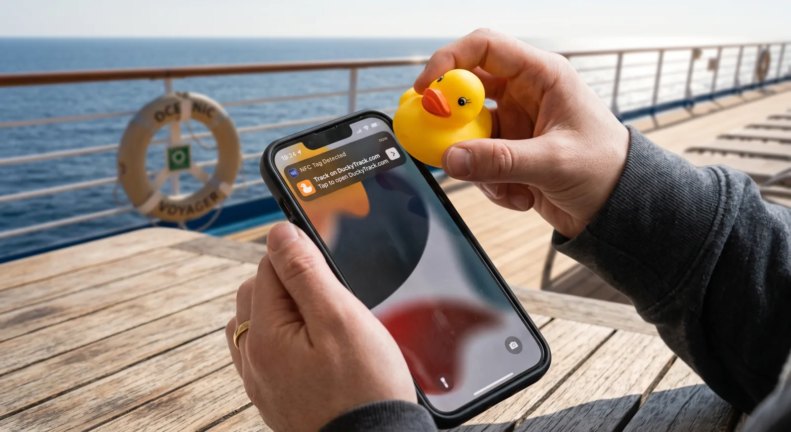 A hand holds a rubber duck to the top of a phone on a cruise ship deck; the phone shows an NFC Tag Detected notification reading Tap to open DuckyTrack.com