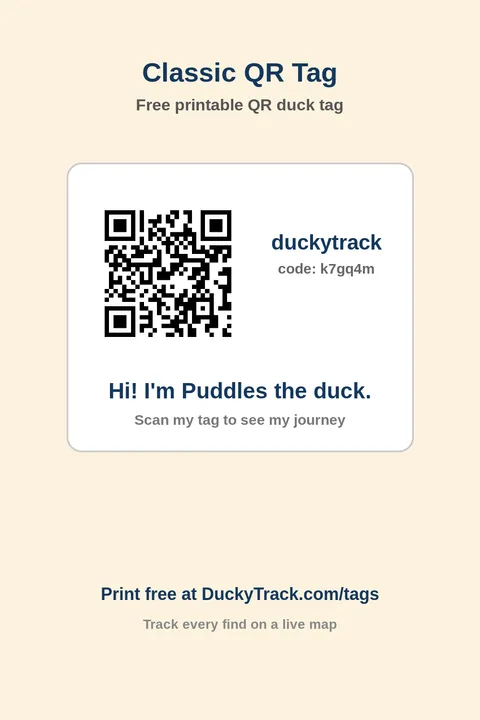 Classic printable QR duck tag template with duck name and journey message