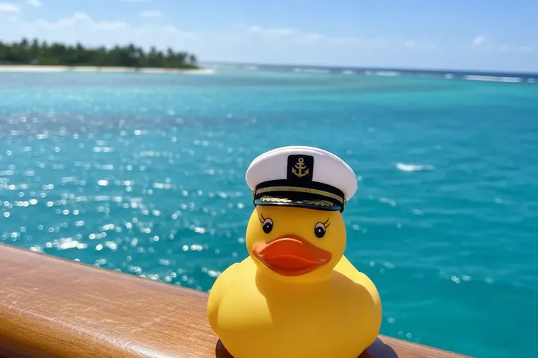 Rubber duck in a captain hat on a sunny cruise ship deck over turquoise ocean