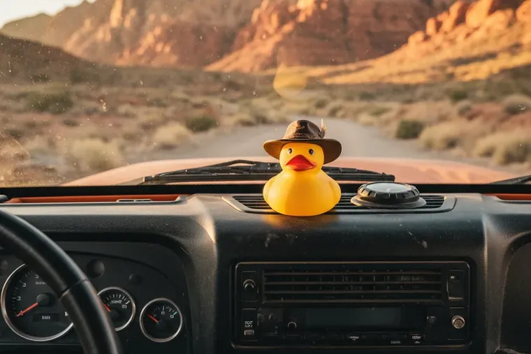 Rubber duck on the dashboard of an off-road Jeep in the mountains